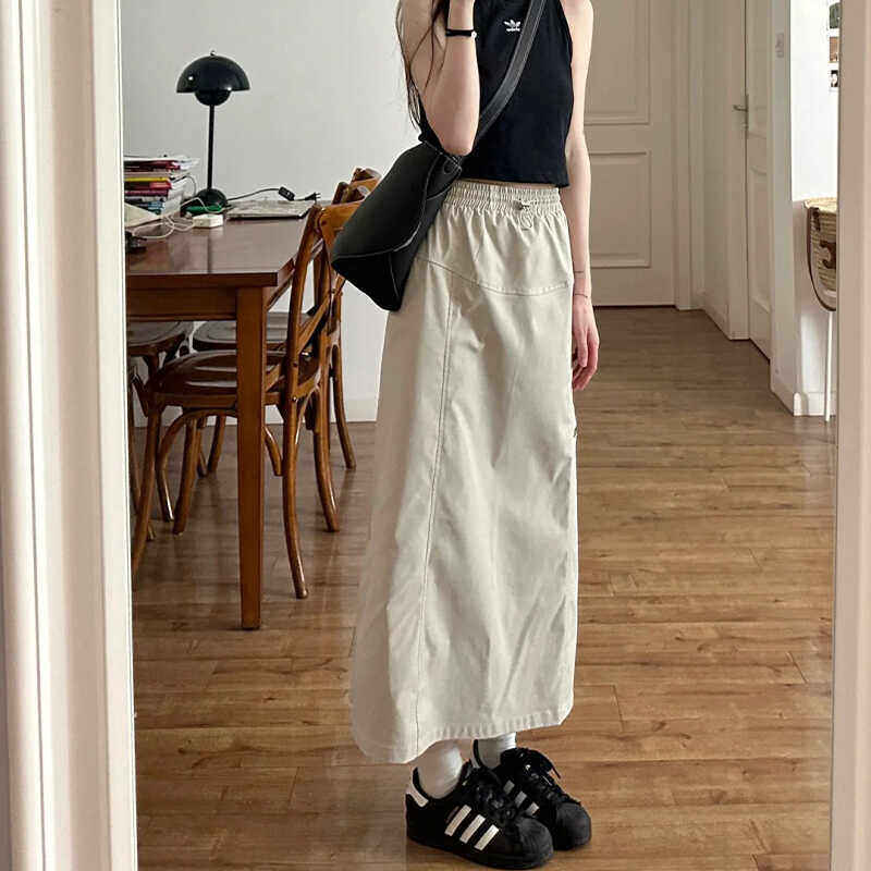 美式覆古工装半身裙女新款胖mm遮胯显瘦高腰开叉中长版a字裙子