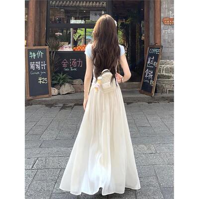 杏色超仙流光纱高腰a字半