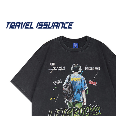 人物印花字母宽松圆领短袖T恤