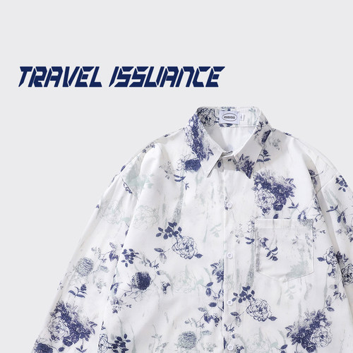 潮牌复古国潮花卉衬衫