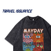 TRAVEL T恤 趣味卡通印花宽松bf做旧水洗短袖 ISSUANCE 快乐是什么