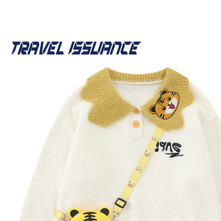 TRAVEL ISSUANCE 卡通小老虎 可爱刺绣娃娃脸宽松套头毛衣百搭BF