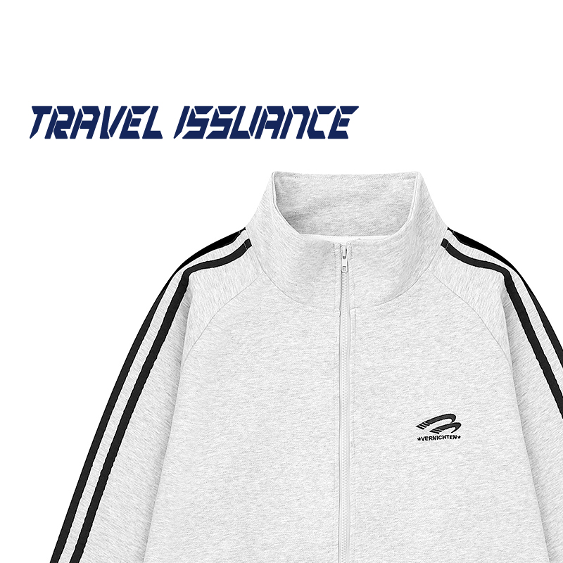 宽松条纹bf立领开衫情侣卫衣