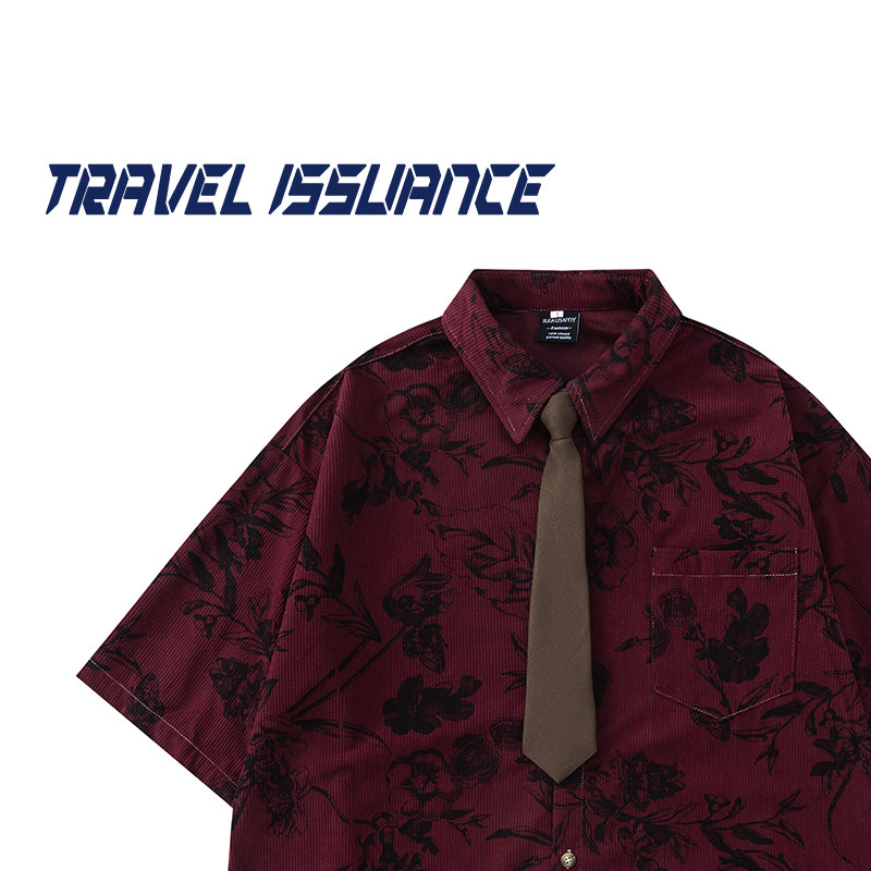 TRAVEL ISSUANCE 植痕领饰 美式复古布标潮宽松领带花植短袖衬衫