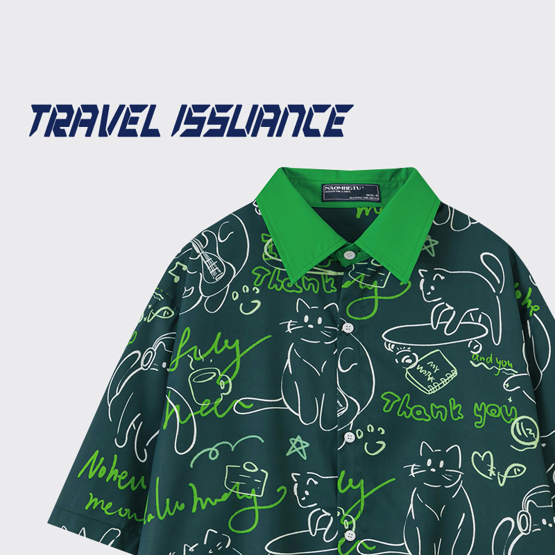 TRAVEL ISSUANCE 音乐小猫 设计感休闲撞色趣味小猫宽松短袖衬衫