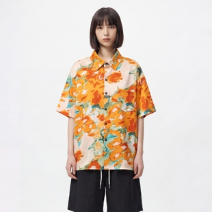 TRAVEL ISSUANCE 逐渐上升 潮复古油画满印休闲男女宽松短袖衬衫