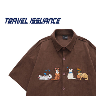 TRAVEL ISSUANCE 悠闲小猫 日系复古灯芯绒学院夏季宽松短袖衬衫