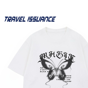 TRAVEL ISSUANCE 闲事悠悠 街头百搭蝴蝶字母印花宽松圆领短袖T恤