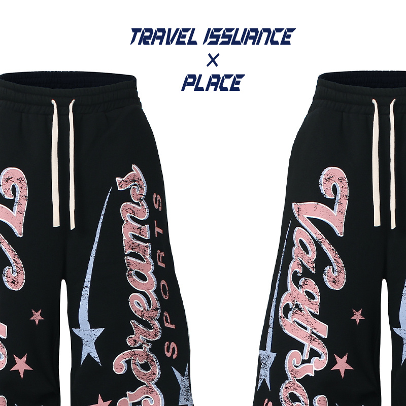 字母印花宽松直筒加绒休闲卫裤