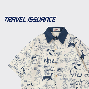衬衫 TRAVEL 日系设计感涂鸦满印翻领宽松短袖 猫咪乐园 ISSUANCE