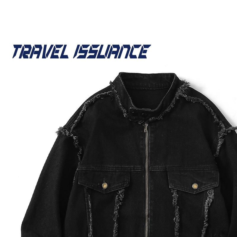 毛边宽松立领牛仔夹克外套