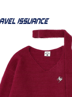 TRAVEL ISSUANCE 未来日子 复古围巾V领宽松红色慵懒毛衣女百搭BF