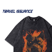 TRAVEL 宽松T恤 欧美动物水洗做旧印花圆领短袖 ISSUANCE 脾气很坏