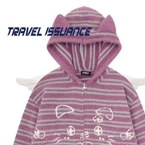 TRAVEL ISSUANCE甜酷条纹猫耳开衫！涂鸦猫咪BF连帽毛衣慵懒外套