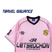 TRAVEL T恤BF 学院风复古V领字母条纹宽松短袖 ISSUANCE 夏天叫醒