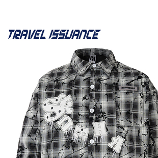 TRAVEL ISSUANCE 秋天实况 美式涂鸦字母宽松格子BF男女长袖衬衫