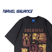 ISSUANCE 街头耍酷 美式 TRAVEL 休闲痞帅人物印花宽松字母短袖 T恤