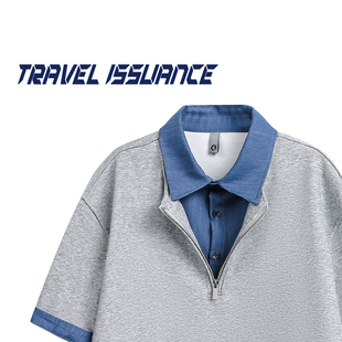TRAVEL ISSUANCE 无憾的回忆 新款复古翻领撞色宽松半拉链短袖T恤