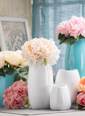 祖母绿花瓶北欧简约创意白色插花饰品客厅蓝色台面桌面陶瓷摆件