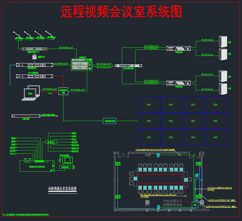 大中型会议室弱电系统图数字会议多媒体音箱话筒音频视频cad素材