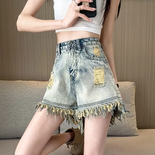 复古毛边破洞牛仔短裤夏季新款高腰显瘦A字型高质量百搭阔腿热裤
