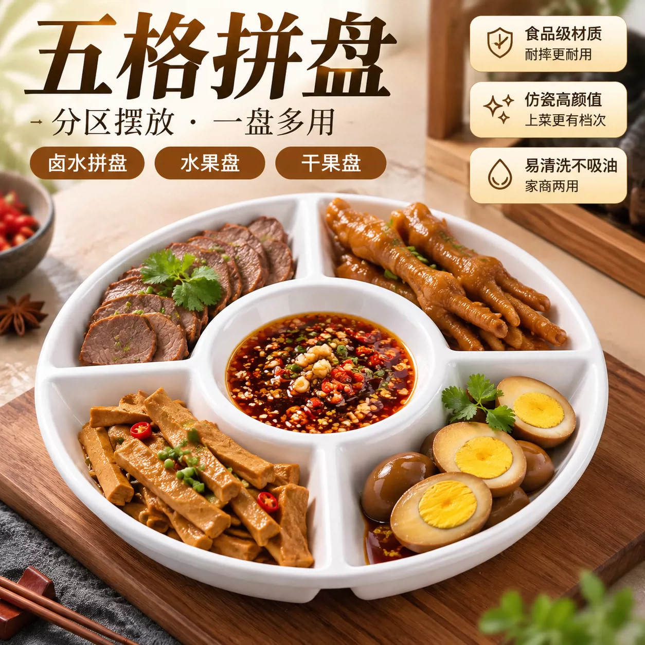 仿瓷餐盘多格盘密胺配料盘塑料拼盘圆形配菜盘小吃盘分格家用卤味