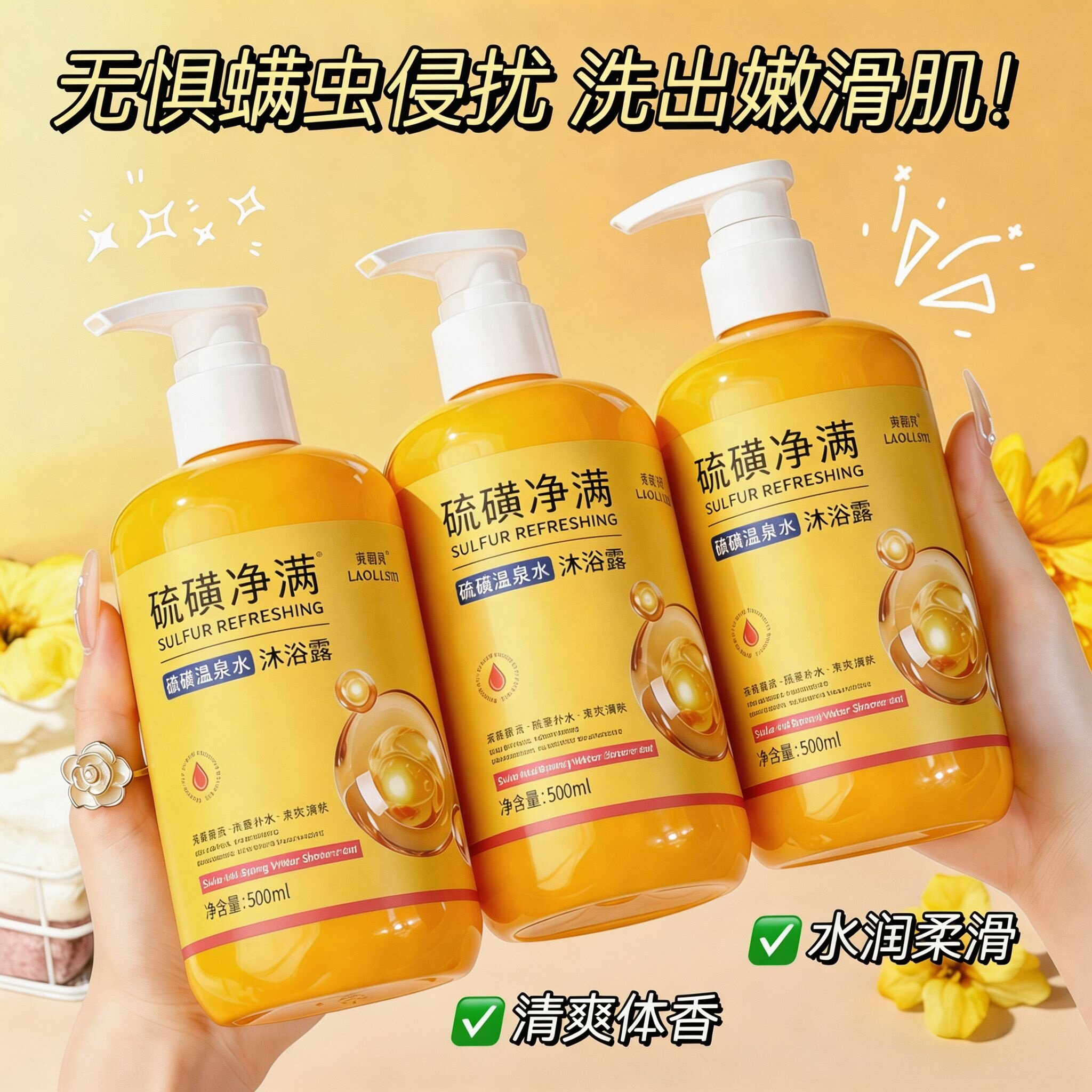 硫磺净螨沐浴露深层清洁持久保湿后背控油水润肌肤男女通用沐浴乳