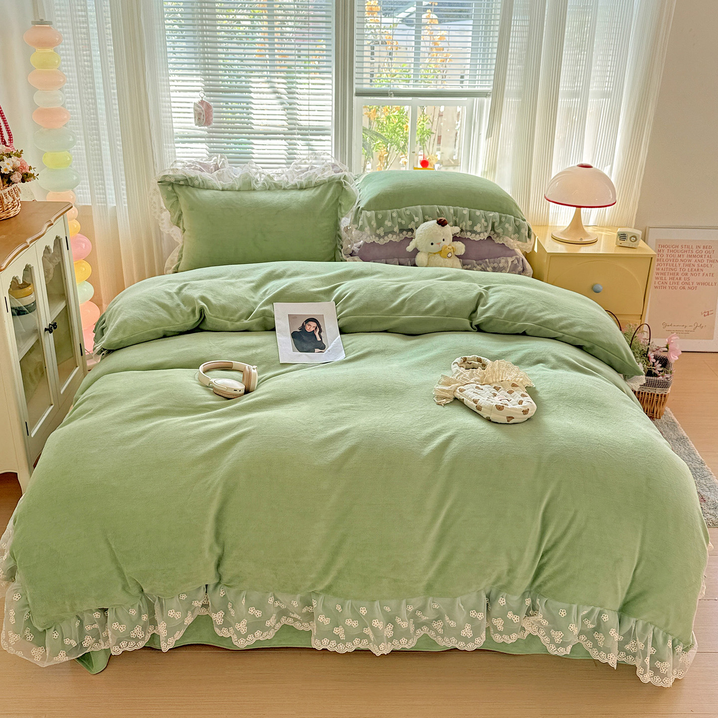 蕾丝花边牛奶绒加厚四件套秋冬季加绒被套珊瑚绒加绒被套床单毛绒