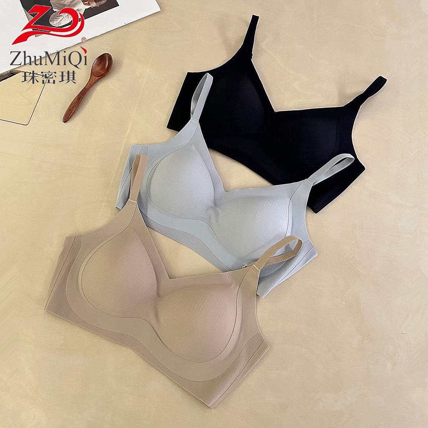 珠密琪755中薄杯无钢圈内衣一体固定按摩杯上薄下厚小胸聚拢文胸