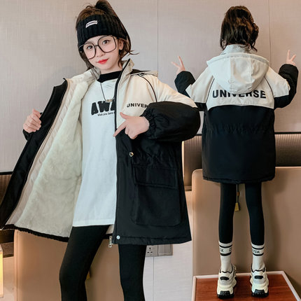 女童加绒派克服外套秋冬装新款中大童加厚冬装儿童夹棉上衣中长款