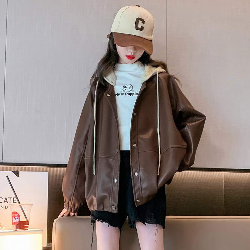 女大童秋季皮衣外套2024新款小女孩洋气夹克衫初中生春秋连帽上衣