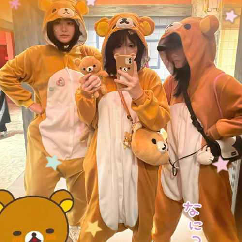 卡通轻松熊情侣连体睡衣女秋冬季加厚加大码珊瑚绒睡袍男款家居服
