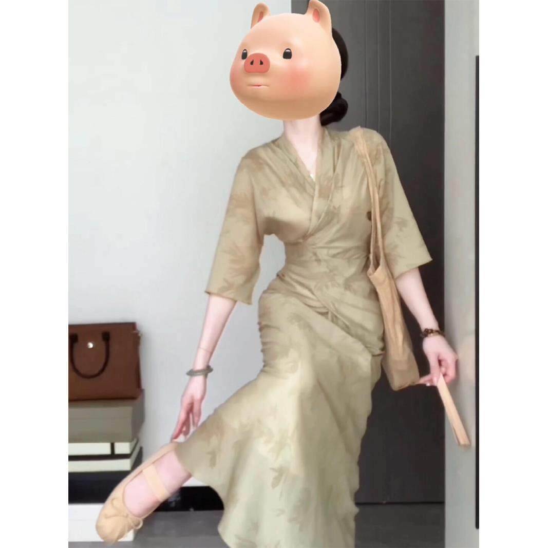 清冷感新中式国风印花收腰V领连衣裙绝美改良旗袍高端精致长裙子