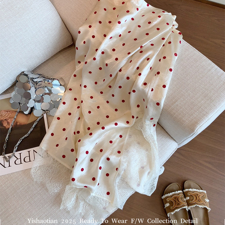 蕾丝拼接开叉红色波点醋酸半身裙女夏新款高级感气质温柔包臀长裙