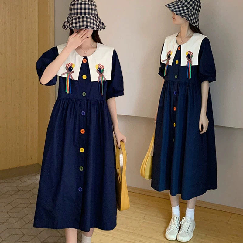 胖妹妹2025夏装新款大码女装宽松显瘦遮肚子法式撞色娃娃领连衣裙