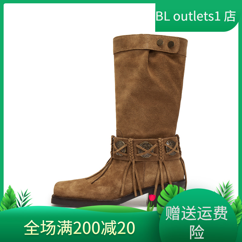 思加图2025新款塞尔玛西部靴牛仔靴棕色复古长靴高筒女靴EI701DG5