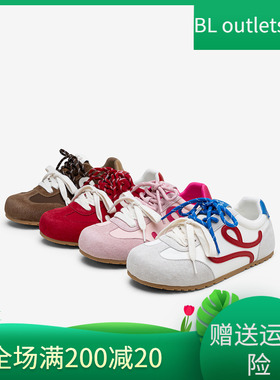 百思图2025秋新款真皮粉色德训鞋复古鸳鸯运动鞋女休闲鞋D3203CM5