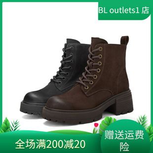 百丽复古厚底加绒保暖马丁靴女鞋 粗跟休闲短靴子E8V1DDD5 冬款