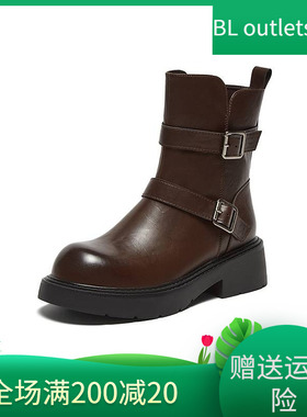 百思图2024冬季商场新款潮流绑带马丁短靴圆头粗跟女皮靴M5209DD4