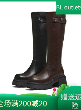 天美意粗跟骑士靴长靴女鞋子高筒时装靴皮靴25冬季新款KTX25DG5