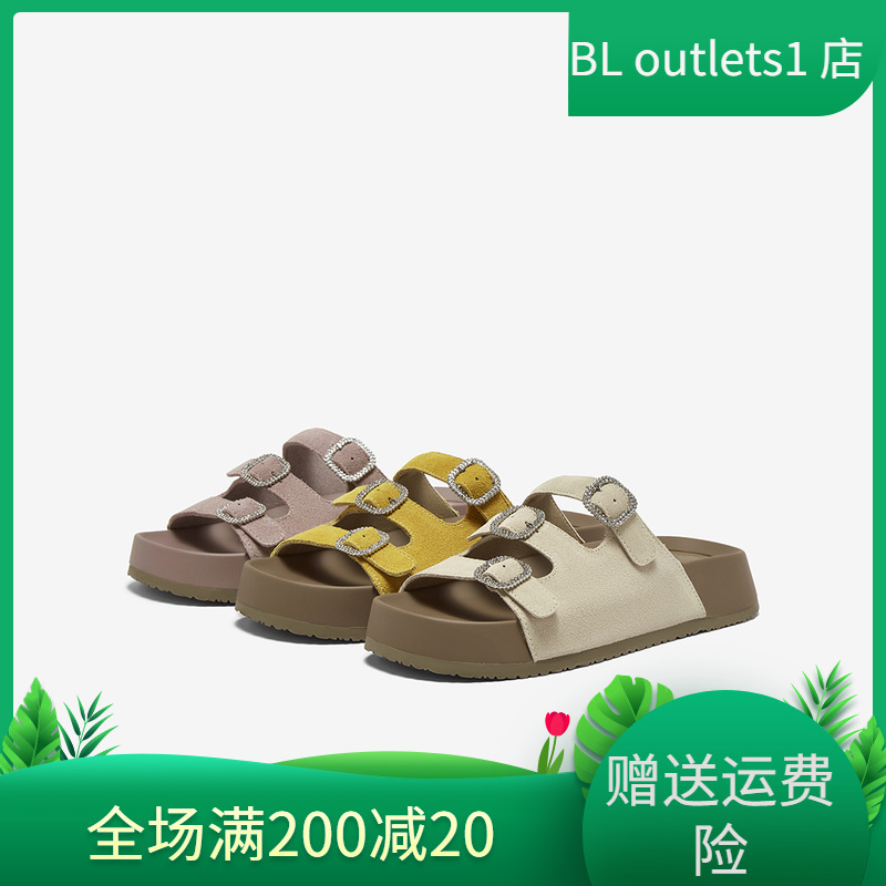 百思图2025夏季新款复古休闲厚底勃肯鞋懒人鞋外穿女拖鞋D3135BT5