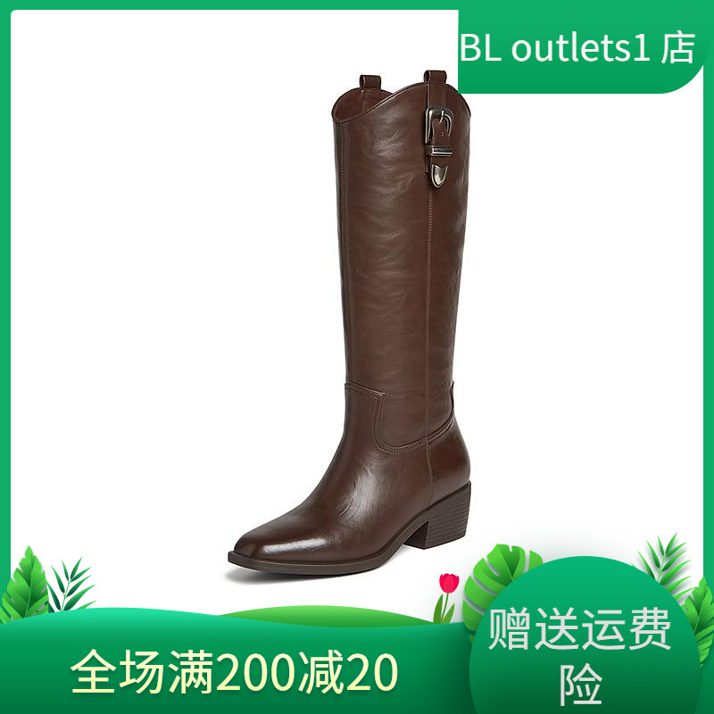 百思图2024秋冬新款V口显瘦骑士靴粗跟女尖头棕色长靴A5063DG4
