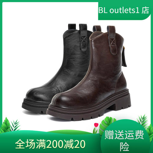 百丽弹力靴圆头厚底后拉链女短靴