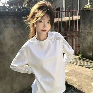 早秋花卉宽松刺绣印花长袖美式T恤绣花上衣慵懒字母学院潮流男女