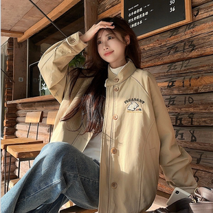 刺绣兔子立领美式风外套女秋冬2025羊羔毛宽松小个子夹棉保暖上衣