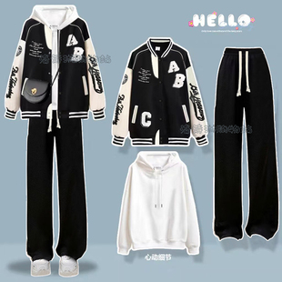 棒球服外套少女秋冬装初中学院风韩版宽松高中学生运动阔腿裤上衣