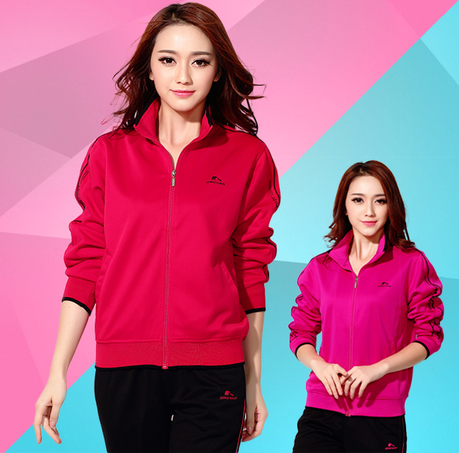 红色南韩丝运动服套装女春秋大码佳木斯健身操服装中老年团体演出