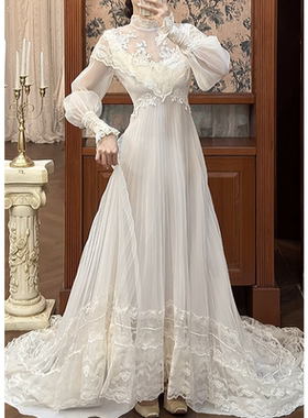 法式复古Vintage白色蕾丝轻婚纱女重工优雅修身长袖宫廷风礼服裙