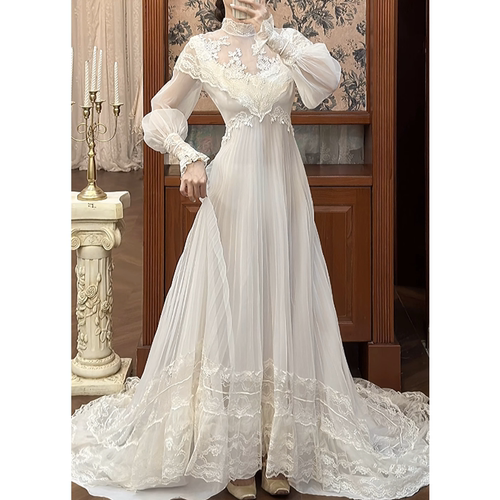 法式复古Vintage白色蕾丝轻婚纱女重工优雅修身长袖宫廷风礼服裙