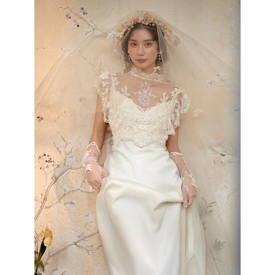 新娘简约法式复古轻婚纱出门纱白色修身迎宾礼服裙影楼写真礼服